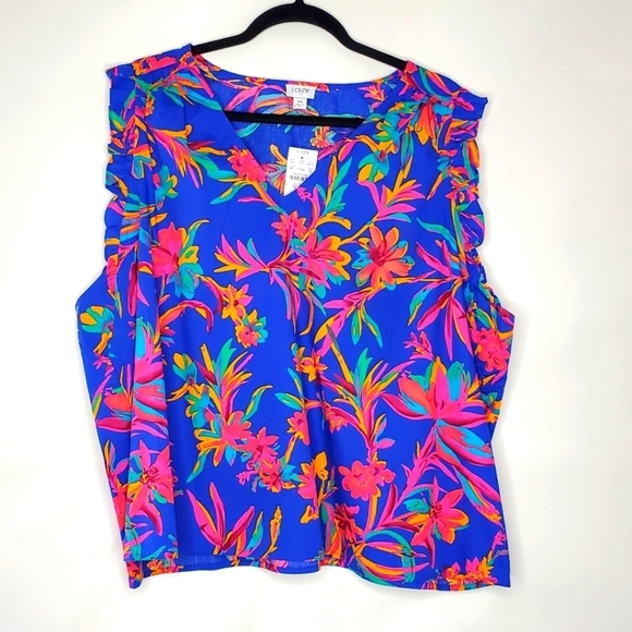 J. Crew Sleeveless Ruffle Top Size 3X Floral V-Neck Popover Spring Blouse NEW - Picture 4 of 13